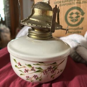 Vintage White Porcelain with Pink Floral Design Miniature Old Fashioned Oil Lamp